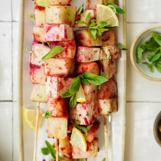 Peach, Feta, and Melon Skewers with Cranberry Marinade